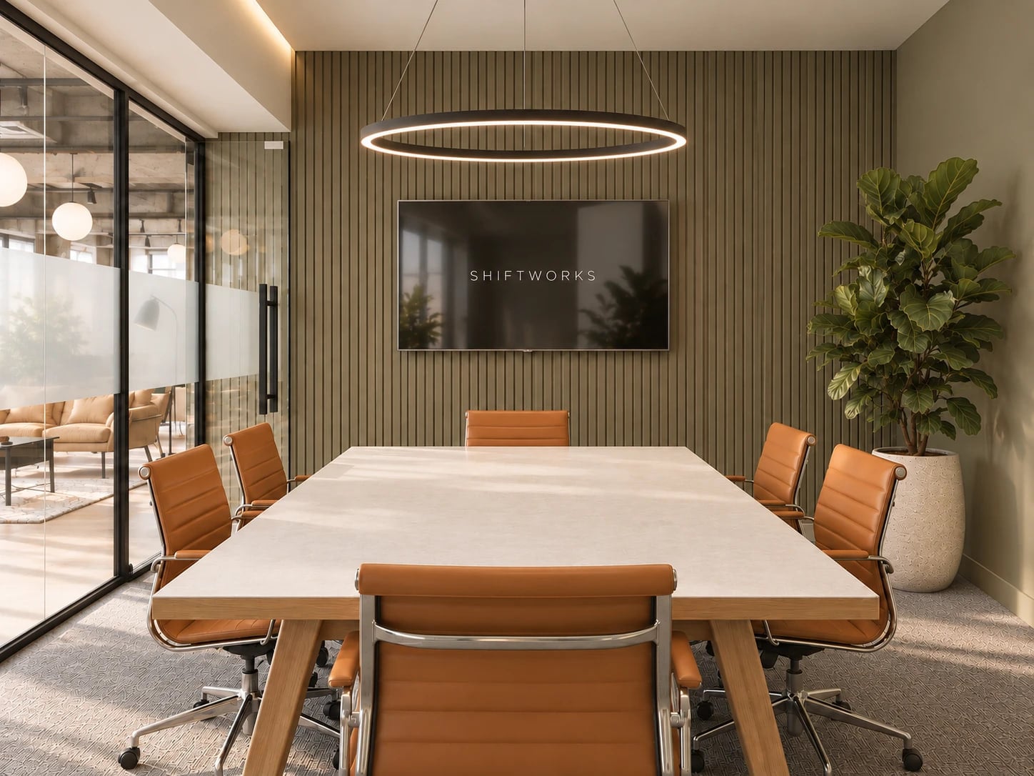 The meeting room at ShiftWorks Royal House, Chester, with leather chairs and a wall-mounted screen