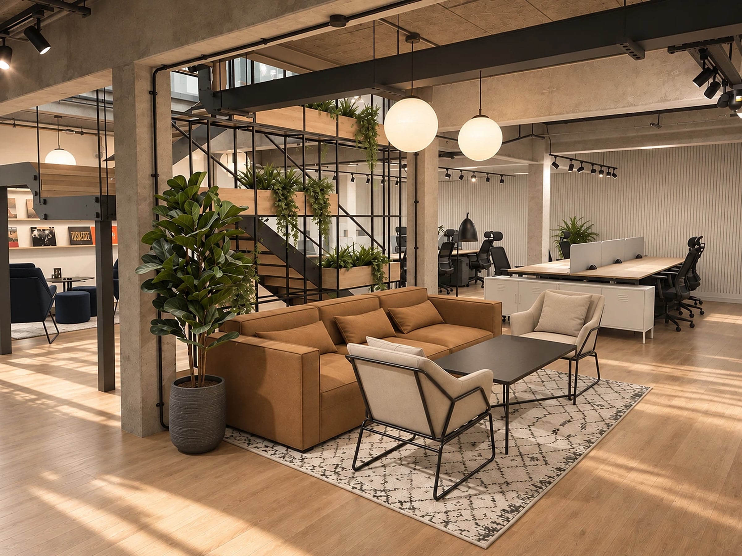 The lounge at ShiftWorks Royal House, Chester, with the coworking space and open staircase behind