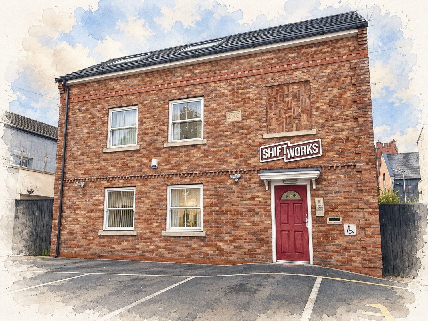 Watercolour illustration of ShiftWorks Lake House, Hoylake