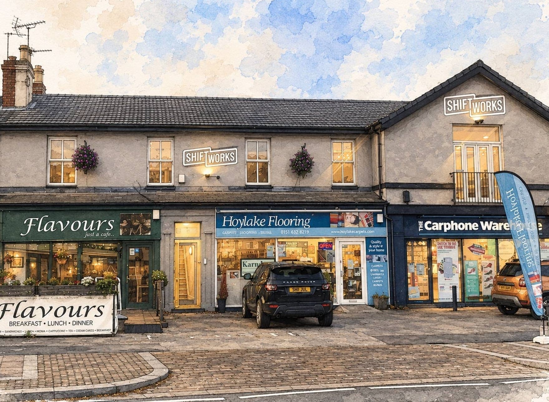 Watercolour illustration of ShiftWorks Market Street, Hoylake