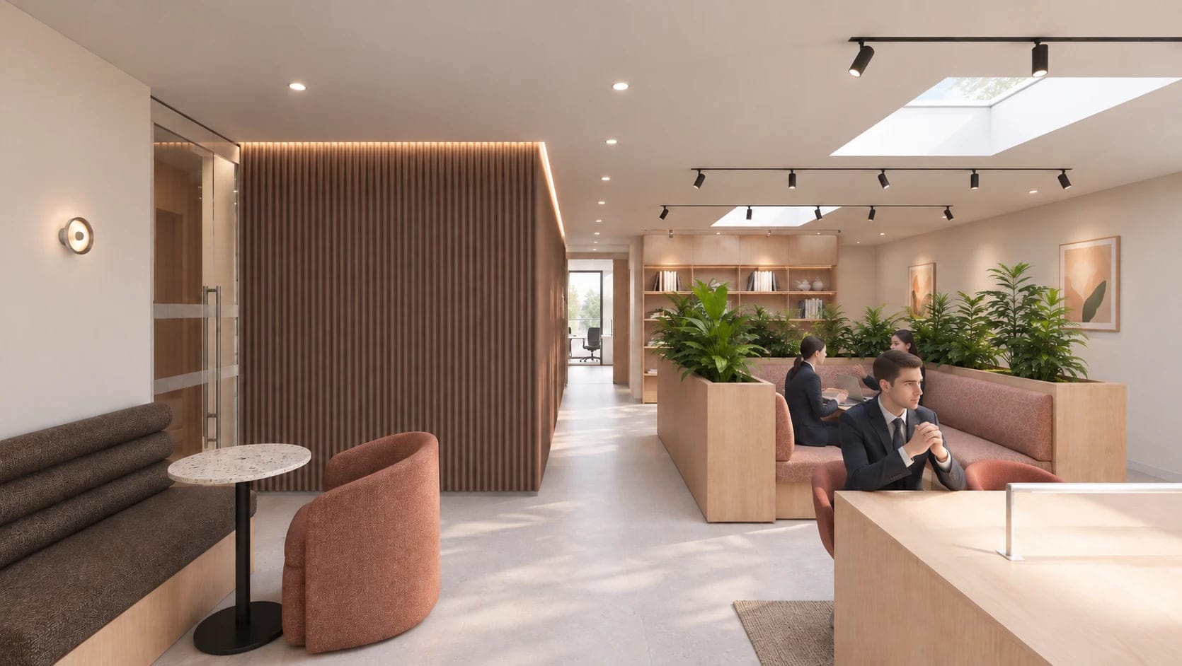 Artist’s impression of the breakout lounge at ShiftWorks Northgate House, Chester, with booth seating, planters and a slatted timber wall