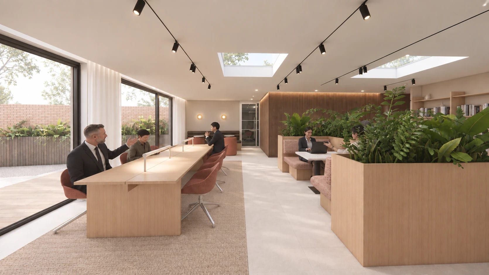 Artist’s impression of the communal workspace at ShiftWorks Northgate House, Chester, with a long shared table, planted booths and doors to the courtyard