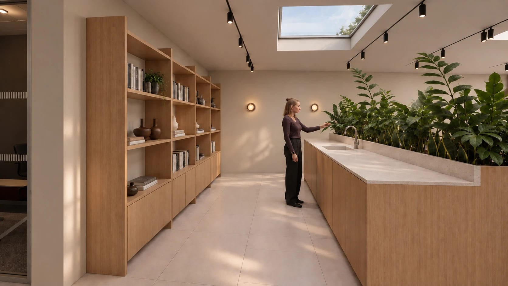 Artist’s impression of the kitchen and library shelves at ShiftWorks Northgate House, Chester, beneath a skylight