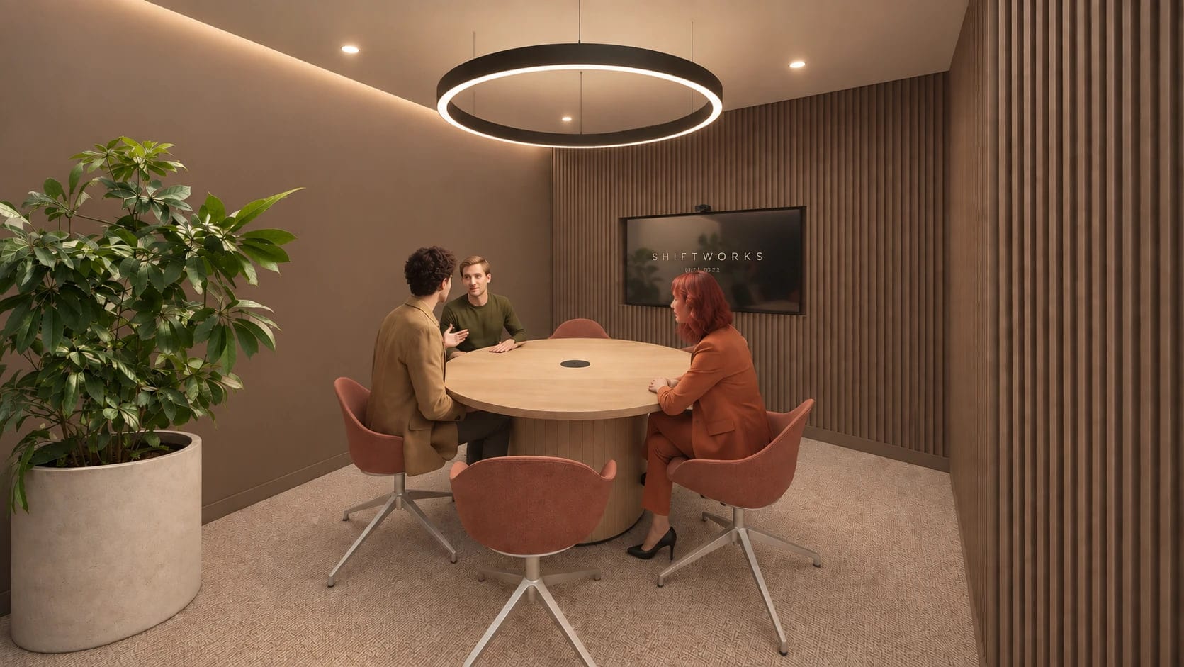 Artist’s impression of a meeting room at ShiftWorks Northgate House, Chester, with a round table, ring light and screen