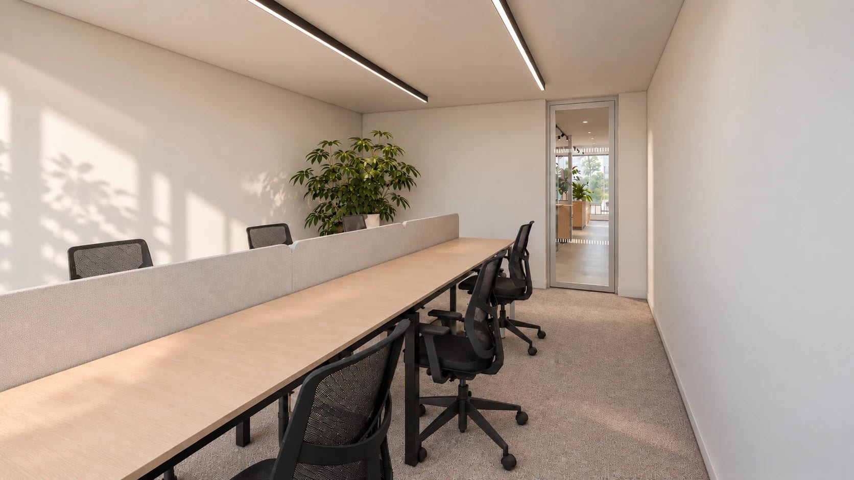 Artist’s impression of a private office at ShiftWorks Northgate House, Chester, with a shared bench of desks