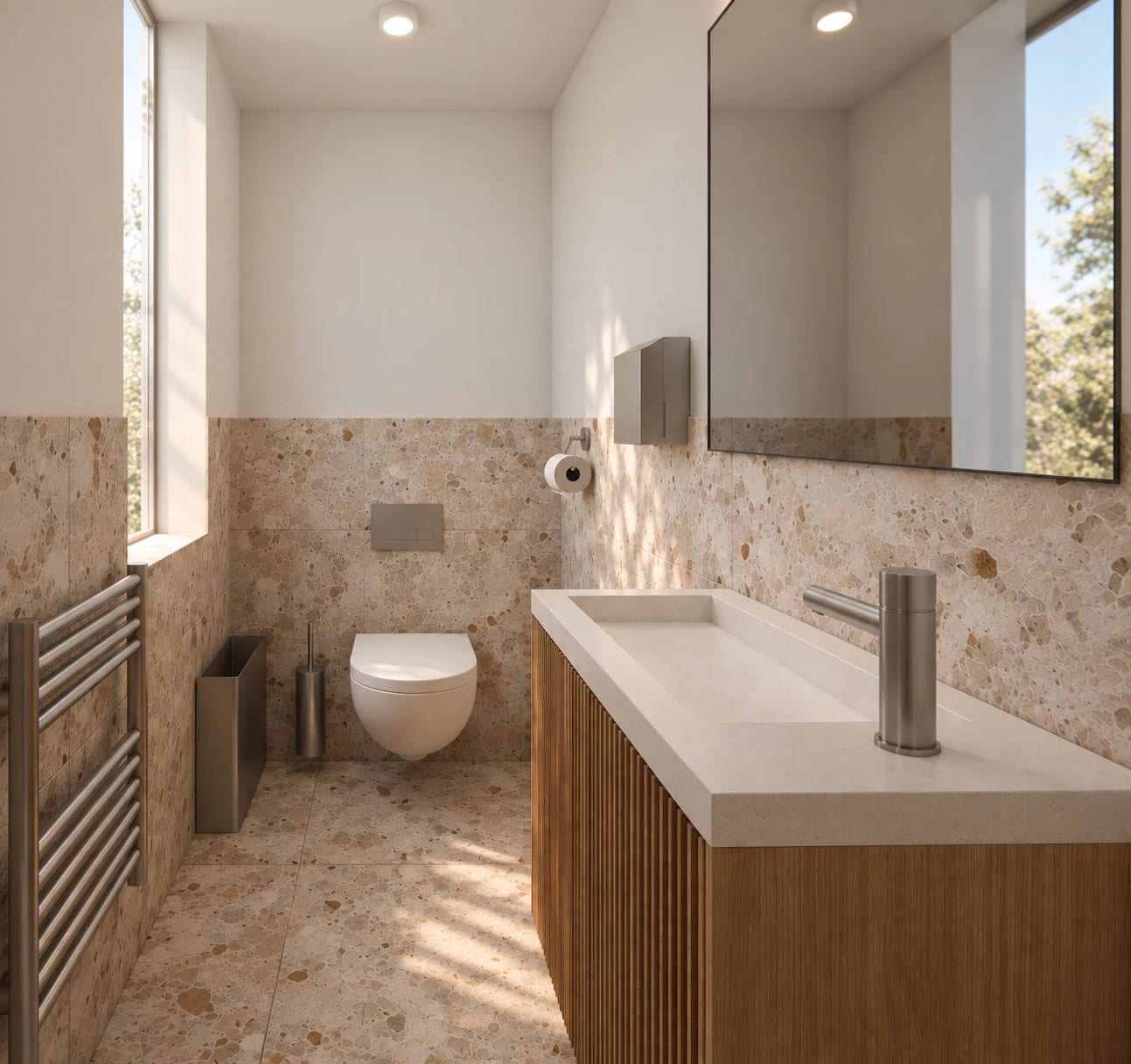 Artist’s impression of a washroom at ShiftWorks Northgate House, Chester, with terrazzo tiles and an oak vanity