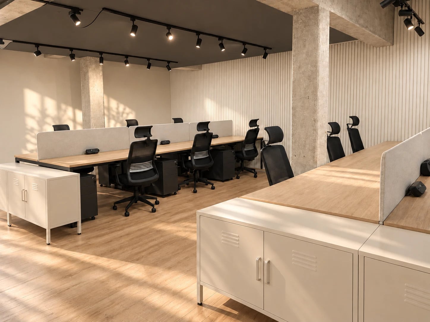 The coworking space at ShiftWorks Royal House, Chester, with shared desks and lockers