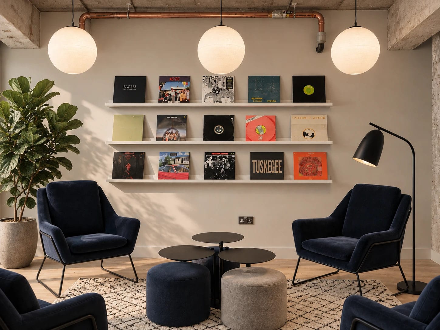The reading corner at ShiftWorks Royal House, Chester, with record shelves and velvet armchairs